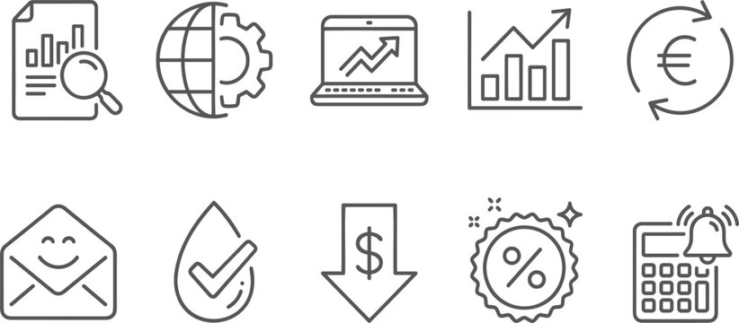 Business Analytics and Financial Economy Line Icon Set with Global Management Marketing Growth Graph Euro Exchange and Discount Vector Illustrations