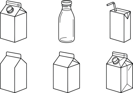 Milk and Juice Packaging Line Icon Set with Cardboard Cartons Bottle and Drink Box Thin Outline Vector Illustrations for Beverage Designs