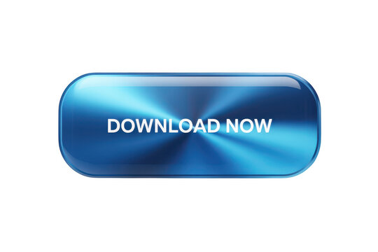 Glossy blue metallic button with the text download now isolated on transparent background
