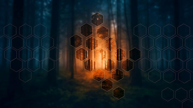 Futuristic Digital Technology Interface in Mystical Forest with Hexagon Data Network