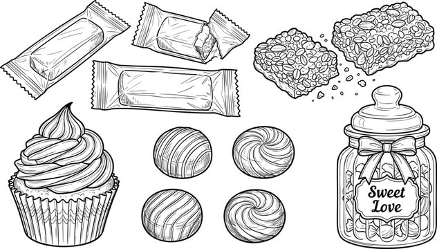Sweet Candy and Dessert Collection with Cupcake Glass Jar Wrapped Chocolate Bars Rice Crispy Treats Line Art Vector Illustration