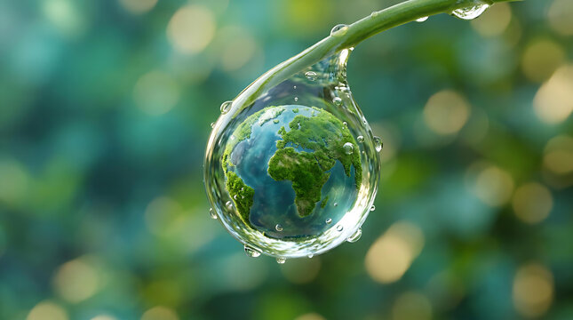 Water Drop Shaped Earth Hanging from Green Leaf Symbolizing Environmental Conservation