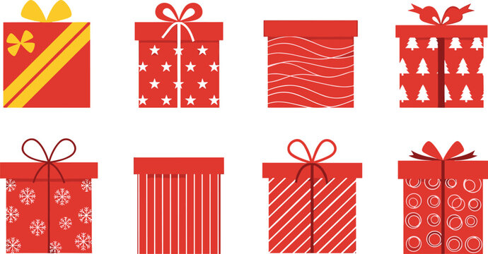 Red Christmas gift box vector illustration set with ribbons, bows, snowflakes, stars, trees, stripes, and festive patterns