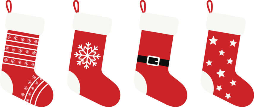 Red Christmas stocking vector set with snowflakes, stars, belt, and festive holiday decoration patterns