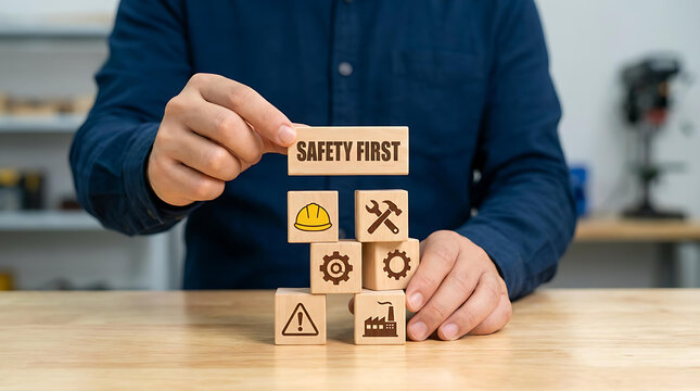 Safety First Concept with Wooden Blocks Showing Workplace Safety and Risk Management Icons