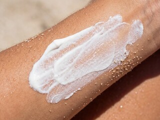 Fototapeta premium Primer plano de crema protectora solar mineral de zinc aplicándose en un brazo bronceado con arena y cristales de sal marina.