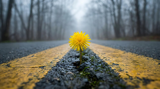 Single Yellow Dandelion Growing Through Wet Asphalt Road in Foggy Forest