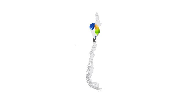 Location Coquimbo Region on map Chile. 3d Coquimbo emblem map marker location pin. Map of Chile showing different parts. 4K.  Animated Video