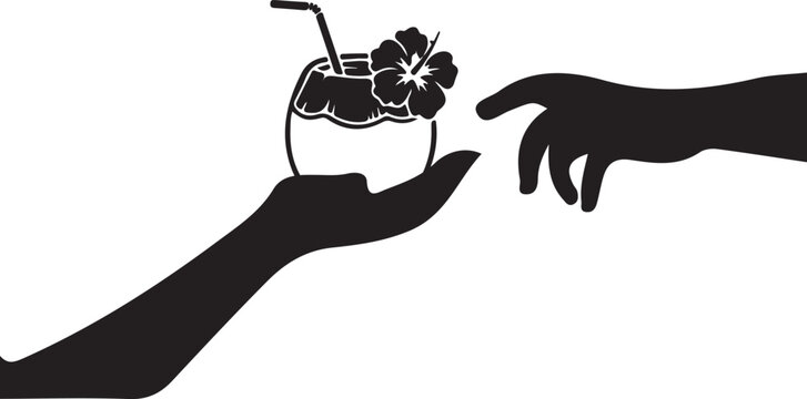 Hand Passing Tropical Coconut Cocktail with Hibiscus Flower to Another Hand Silhouette Vector Illustration