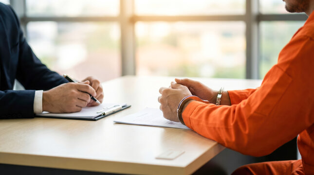 A lawyer sits across a table from a client wearing an orange jumpsuit. The lawyer is taking notes while the client has his hands in handcuffs together, likely discussing a case or legal matters
