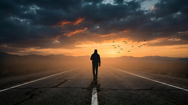 Silhouette of Lonely Man Walking on Empty Road at Dramatic Sunset Sky