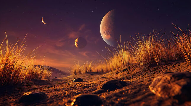 Alien Desert Landscape with Multiple Moons and Glowing Sunset Sky Fantasy Scene