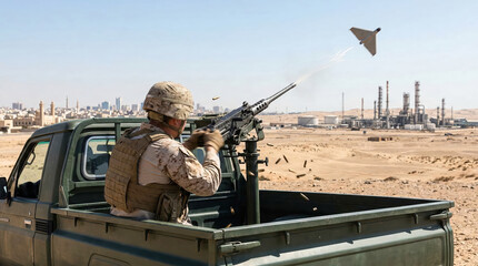 Fototapeta premium A soldier fires a machine gun at a combat drone from the back of a pickup truck in a desert. An industrial area with buildings can be seen in the distance. It is daytime and clear