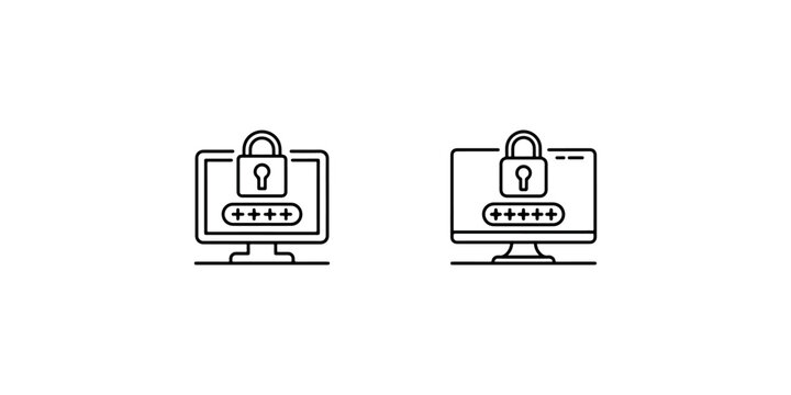 Computer security with password lock and security code input fields, two outlined icons presenting data protection and digital privacy.