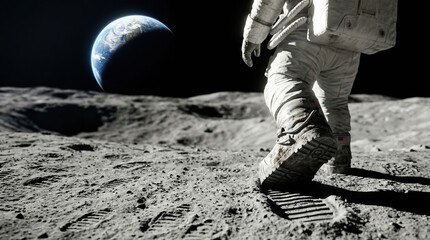 An astronaut walks on the moon's surface. The footprints are clear as Earth hangs in the dark sky. This scene shows exploration and achievement in space travel © Taras Roshchuk