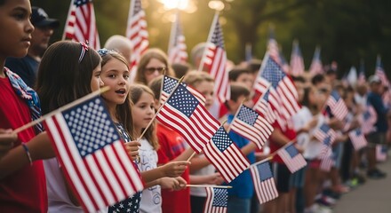 Fototapeta premium Diverse group of children proudly holding American flags at a patriotic outdoor gathering