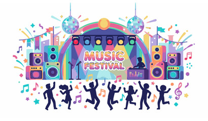 Flat cartoon music festival party background with stage lights and dancing elements vector © MstLutfa