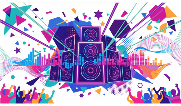 Colorful music festival background with neon lights speakers and abstract party elements vector