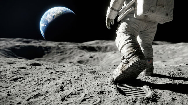 An astronaut walks on the moon's surface. The footprints are clear as Earth hangs in the dark sky. This scene shows exploration and achievement in space travel