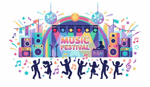 Flat cartoon music festival party background with stage lights and dancing elements vector