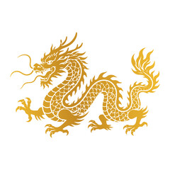 Fototapeta premium Golden silhouette of traditional chinese dragon mythical creature on white background for oriental art design.