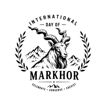 International day of markhor - celebrate, conserve, coexist: wild goat logo concept for wildlife awareness.