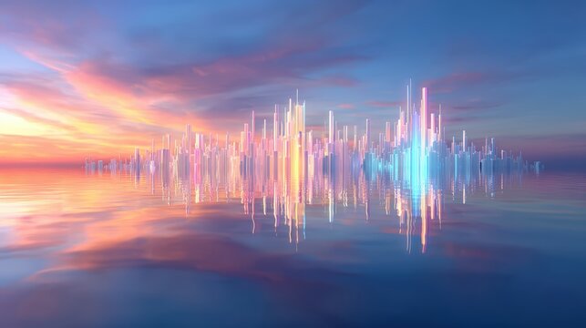 Abstract Symphony of Light and Water: A stunning visual representation of sound waves or data visualized as glowing, colorful pillars reflected on a calm water surface under a pastel sky.