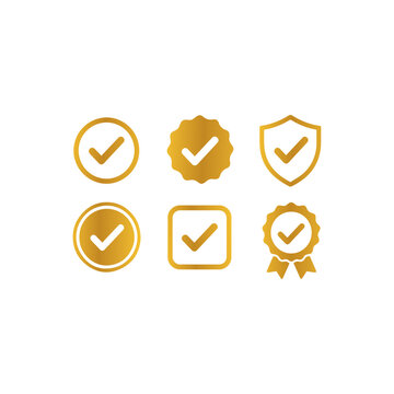 Collection of golden checkmark icons: symbol of verification, approval, quality, and guarantee.