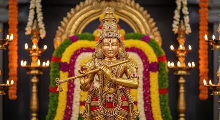 Naklejka premium A golden deity holding a wooden flute stands elegantly before an ornate temple backdrop with flickering oil lamps and floral garlands, idol, feather, flowers
