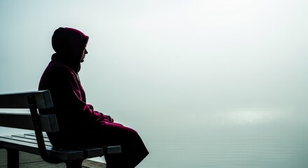 Fototapeta premium A hooded silhouette rests on a wooden bench by a foggy waterfront, surrounded by gray mist that evokes a mood of quiet contemplation, cold, dock, gray