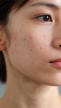Clear Skin Aspiration: A close-up profile of a young woman's face, focusing on her skin texture and mild blemishes, highlighting the desire for flawless complexion.