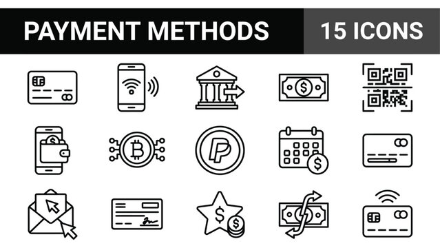 Payment Methods Icons Set: Credit Card, Mobile Payment, Bank, Cash, QR Code, Bitcoin, Wallet
