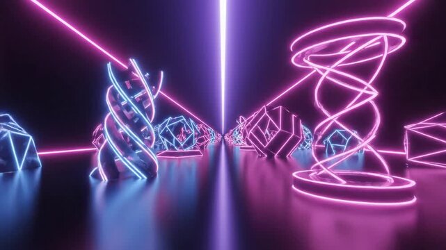 Abstract neon geometric shapes on reflective surface with ambient lighting