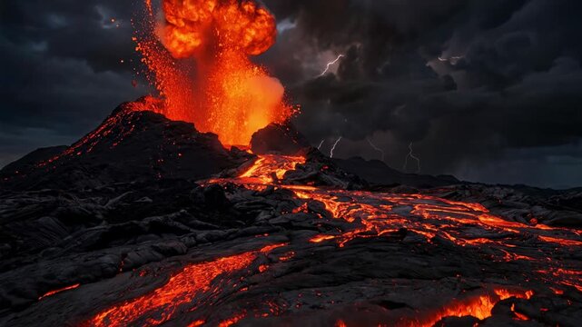 Dramatic slow motion footage of a powerful volcano eruption exploding with bright orange lava rivers flowing down rocky terrain under lightning storm clouds