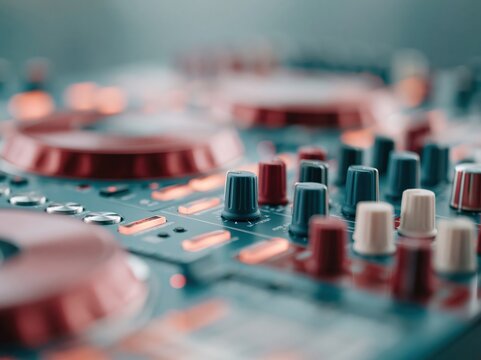 Close-up of DJ controller knobs and illuminated buttons with a shallow depth of field