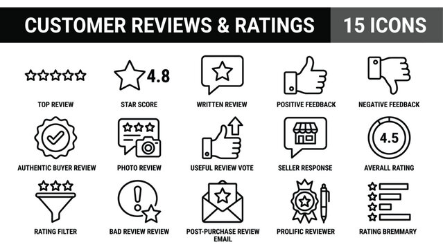 Customer Reviews and Ratings Icons Set: Star Score, Feedback, and Filters