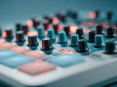 Close-up of electronic music production controller with illuminated pads and knobs
