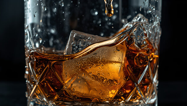 Extreme macro shot of a crisp ice cube dropping into a glass of bourbon with splash and condensation beads