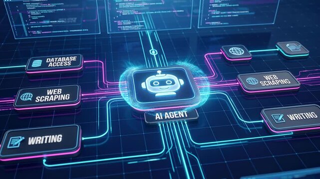 3D animation footage of an AI agent digital circuit network board connecting database access, web scraping, and content writing tasks in a futuristic server datacenter room.