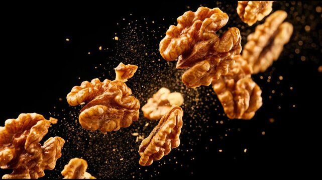 Slow motion footage of crunchy walnut halves floating against a dark black background, captured with dramatic lighting and flying crumbs for premium food design