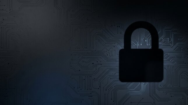Cybersecurity illustration with prominent padlock symbol integrated into futuristic dark glowing computer chip pattern.