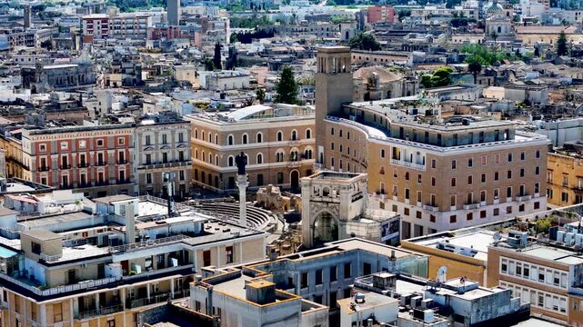 Roman Amphitheater of Lecce and Roman Amphitheater of Lecce. Aerial 4K drone video footage with view of Lecce old town, Puglia city view