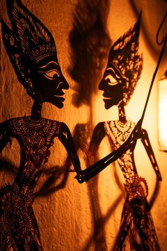 Traditional Indonesian wayang kulit shadow puppets displayed against a textured wall, illuminated by warm light, showcasing intricate designs and cultural artistry