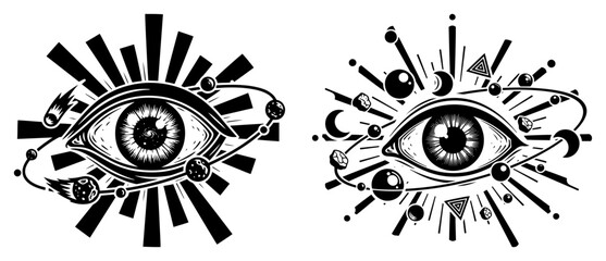Mystical all seeing eye with planets and cosmic orbits in vintage engraving style © Wera