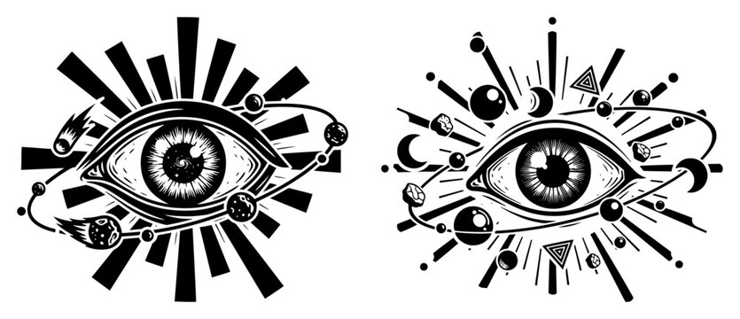 Mystical all seeing eye with planets and cosmic orbits in vintage engraving style