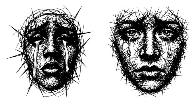 Sorrowful weeping faces wrapped in sharp thorns and messy scribbles in dark emotional style