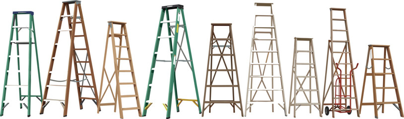 Assorted ladder vector set with wooden, metal, and rolling step ladders for construction and repair design © Shabita