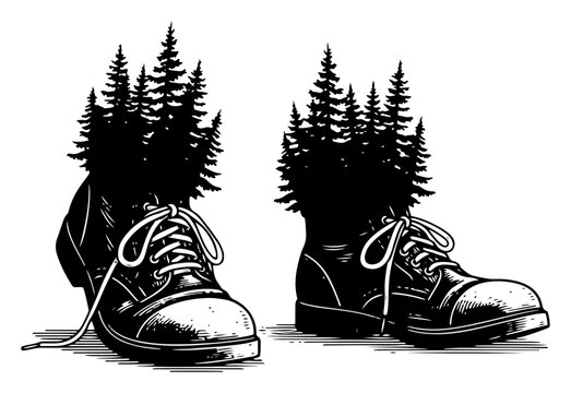 Work boots with pine trees growing inside in surreal nature engraving style