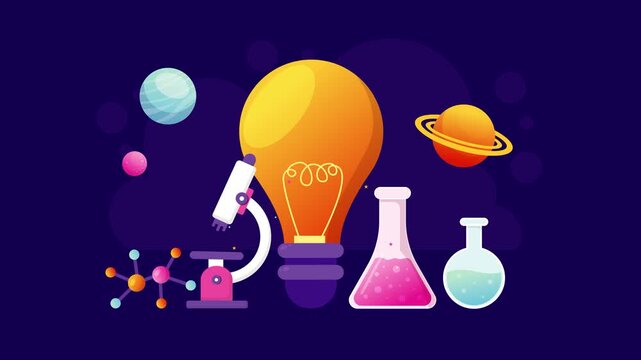 Scientific Innovation and Discovery Animation: Glowing Lightbulb Idea with Microscope, Chemistry Flask, and Space Exploration Icons, Seamless Loop for STEM Education.