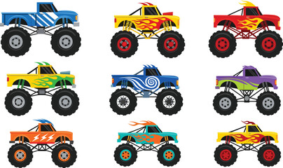 Colorful monster truck vector set with flame decals, oversized wheels, and off road racing vehicle designs © Shabita